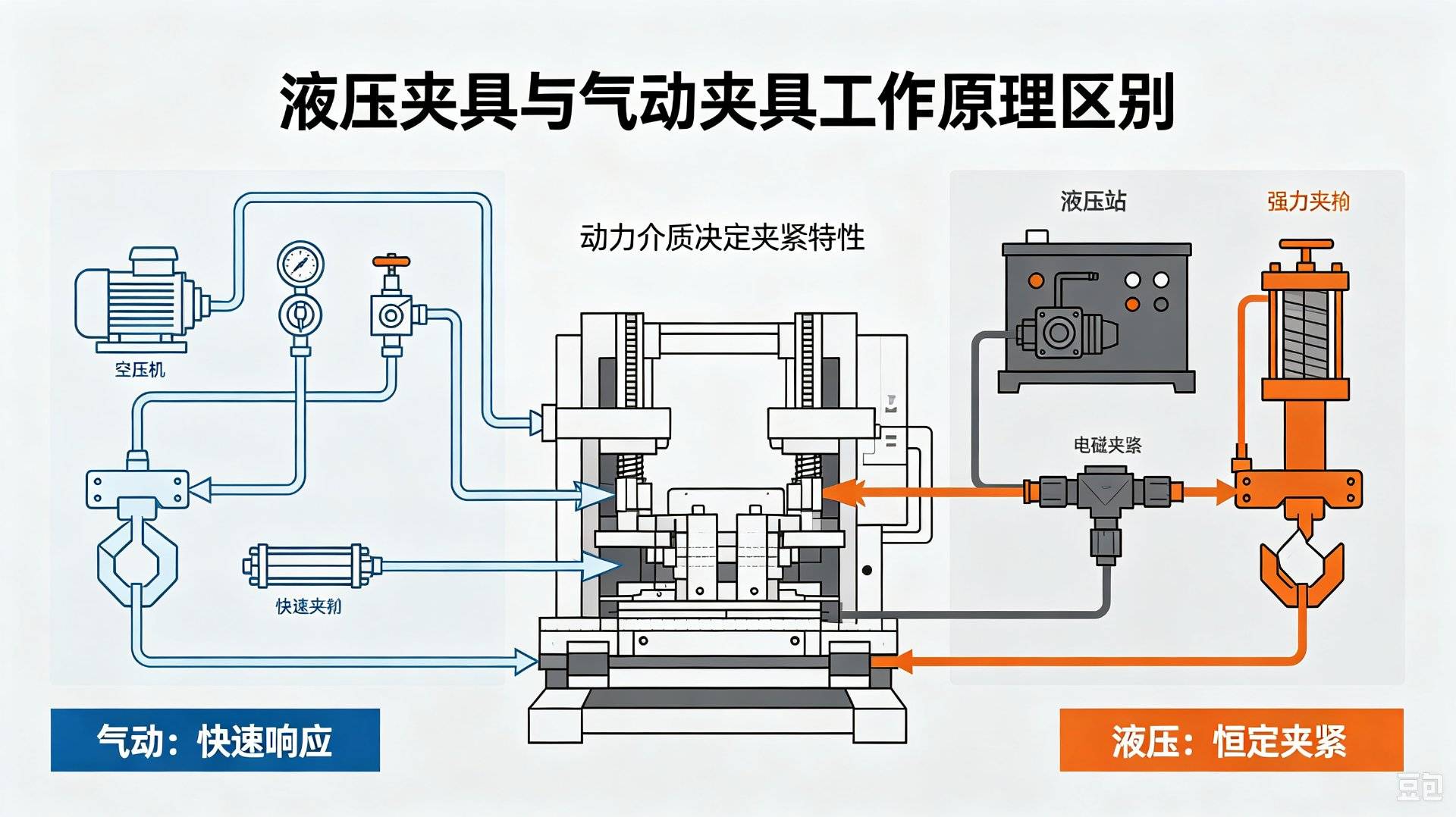液压夹具与气动夹具工作原理区别：选型优缺点全解析